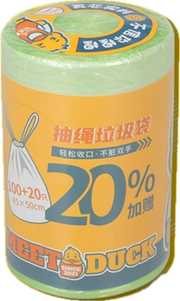 小黄鸭抽绳垃圾袋主图，展示可爱印花图案与卷装外观