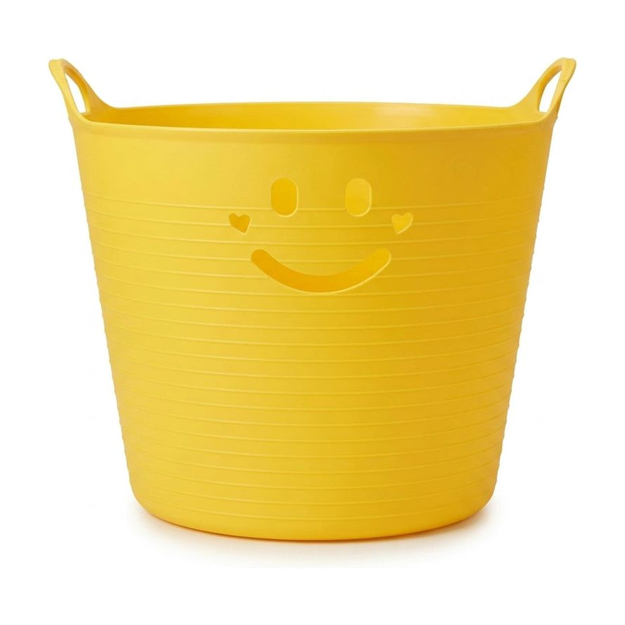 小黄鸭608笑脸脏衣篮，黄色圆形塑料收纳筐，正面带有镂空笑脸图案和双侧提手，白色背景。