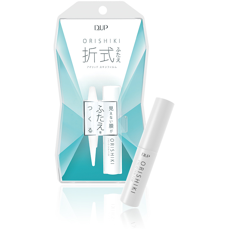 D - UP ORISHIKI 折式双眼皮胶水产品包装及胶水瓶身展示，蓝白配色设计。