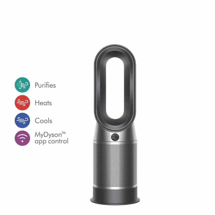 Dyson 戴森三合一空气净化器，左侧带有净化、制暖、凉风及 App 控制功能图标说明