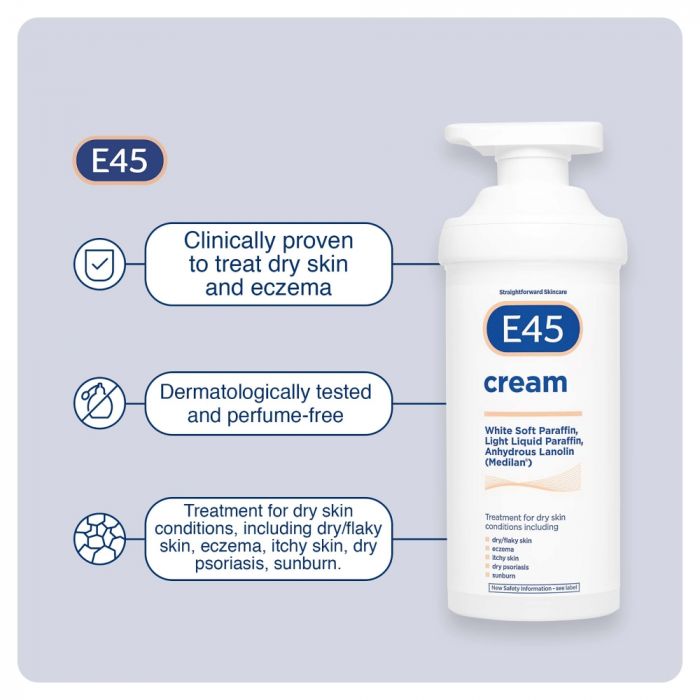 E45 润肤霜 500g 大容量装侧面展示，清晰可见泵头结构与容量标注