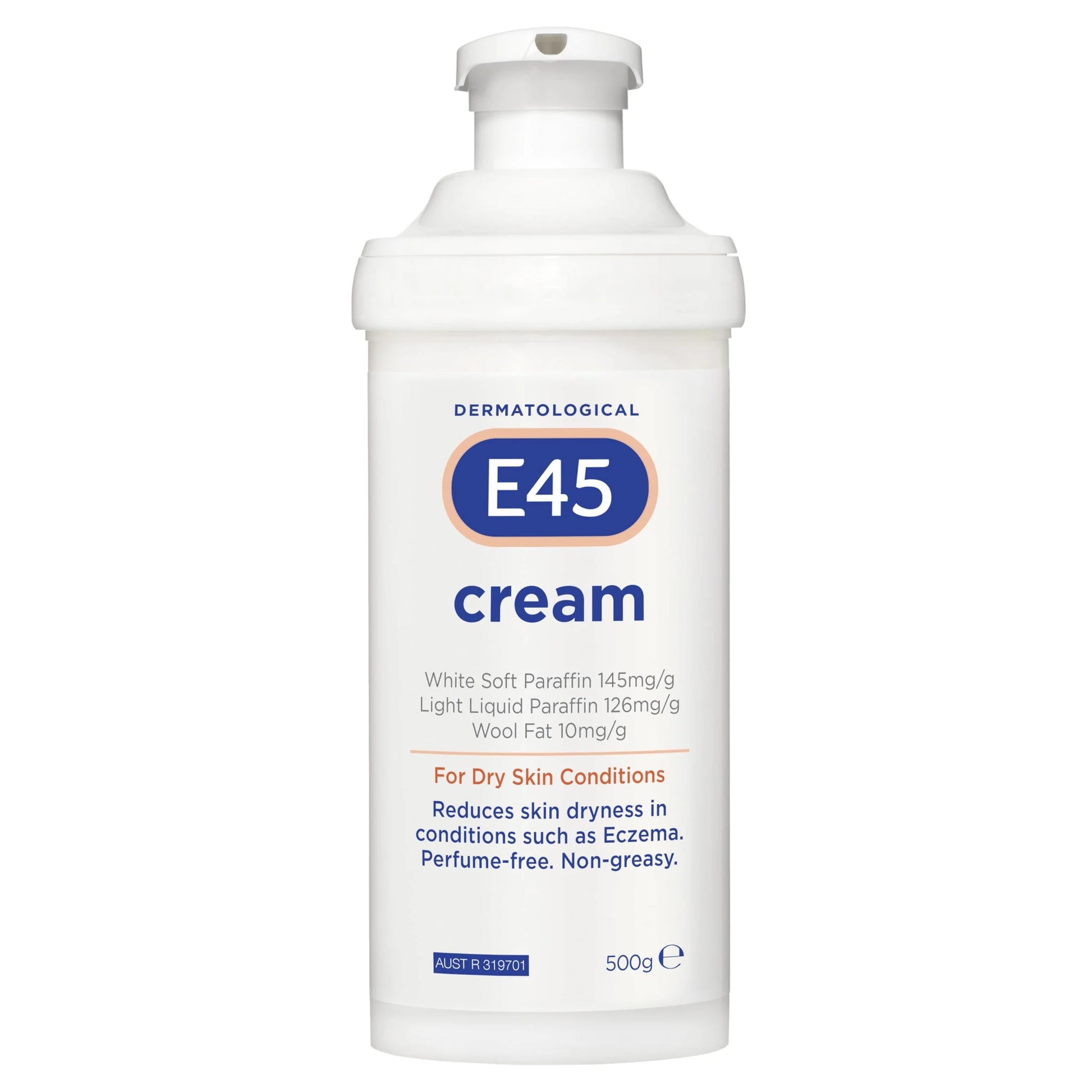 E45 润肤霜白色泵头瓶身正面特写，展示简洁包装设计与品牌标识