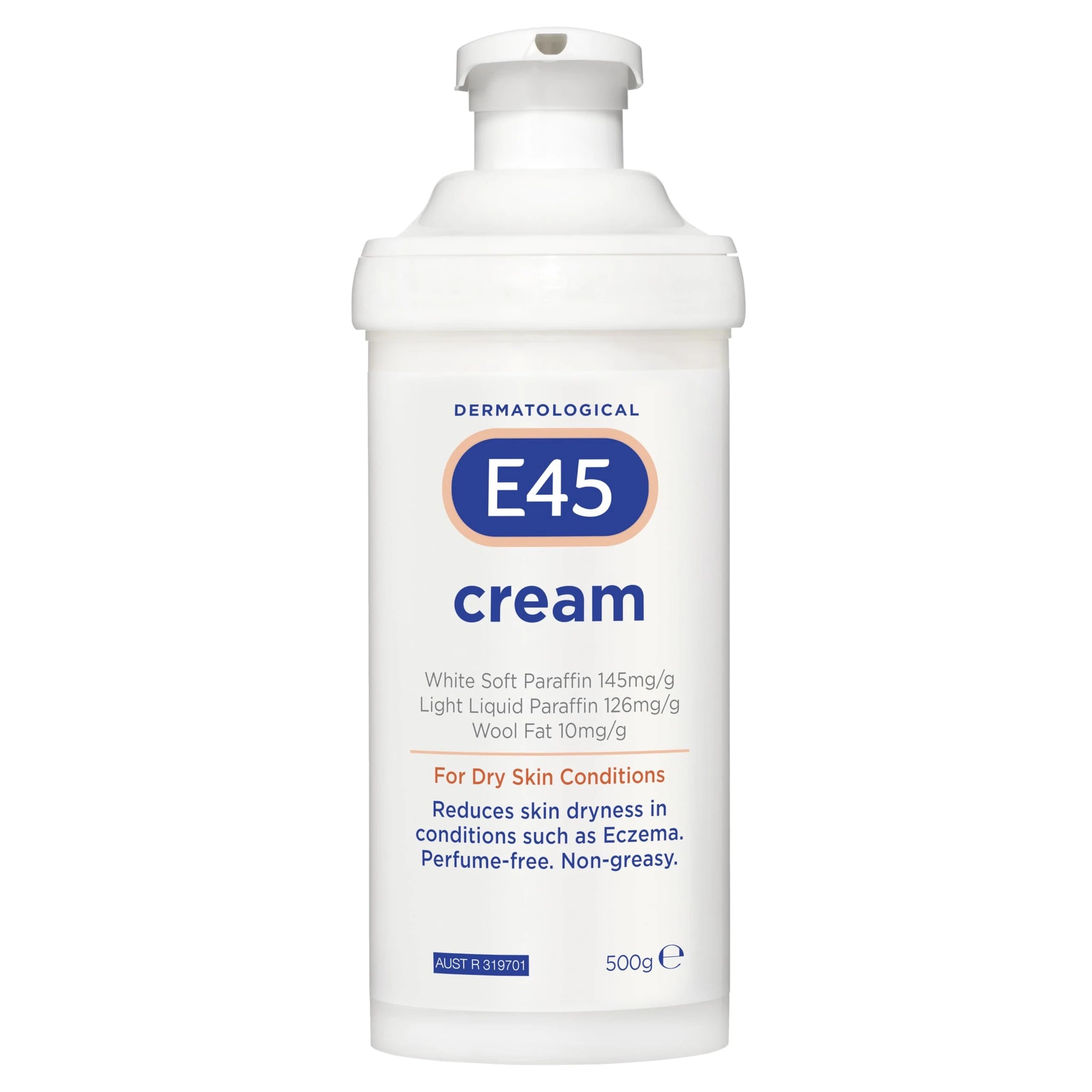 E45 润肤霜白色泵头瓶身正面特写，展示简洁包装设计与品牌标识