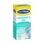 earclear 游泳耳专用滴液 40ml 包装盒正面图，显示产品名称 swimmer's ear 及预防与缓解双重功效说明。