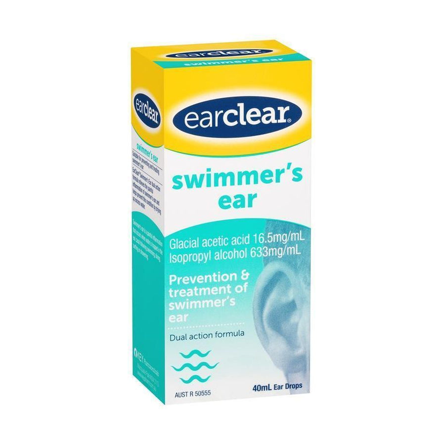 earclear 游泳耳专用滴液 40ml 包装盒正面图，显示产品名称 swimmer's ear 及预防与缓解双重功效说明。