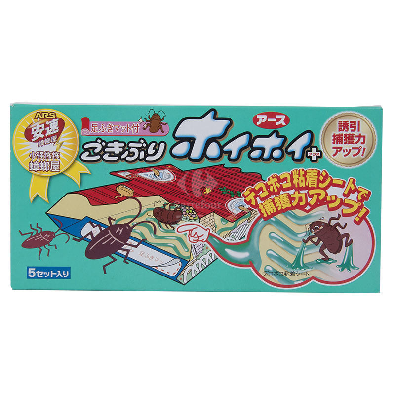 安速蟑螂屋绿盒包装正面图，内含 5 片独立粘捕器，适用于厨房和卫生间角落。