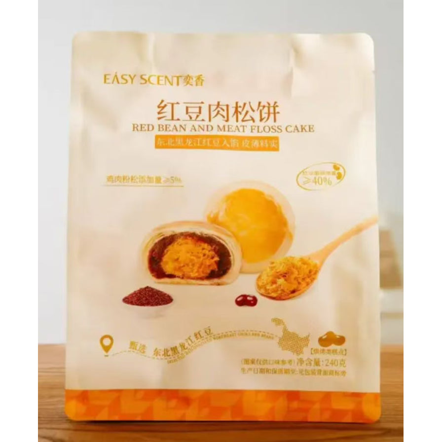 奕香红豆肉松饼包装袋正面，米黄色背景，印有红豆、肉松和切开的肉松饼图案，标注净含量240克。