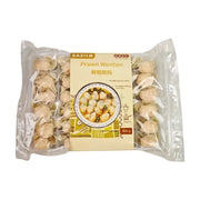 EAZII 鲜虾馄饨 900g 包装正面图，透明包装可见内部整齐排列的馄饨，中间标签印有 Prawn Wonton 鲜虾馄饨字样及烹饪建议。