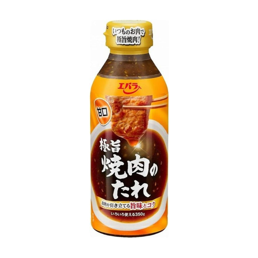 日本Ebara极旨烧肉蘸酱瓶装正面图，橙色包装，展示了蘸满酱汁的烤肉图案，瓶身印有日文极旨烧肉之垂字样。