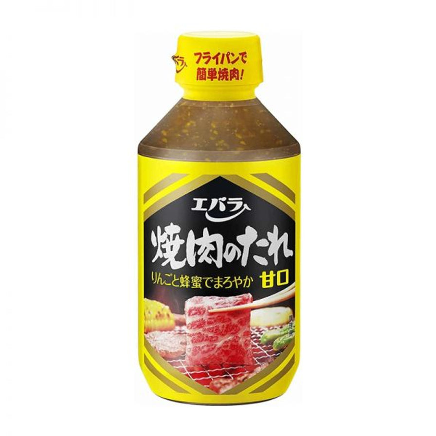 Ebara日本烧烤酱蜂蜜味瓶装正面图，黄色包装，标签上有蜂蜜苹果风味说明。