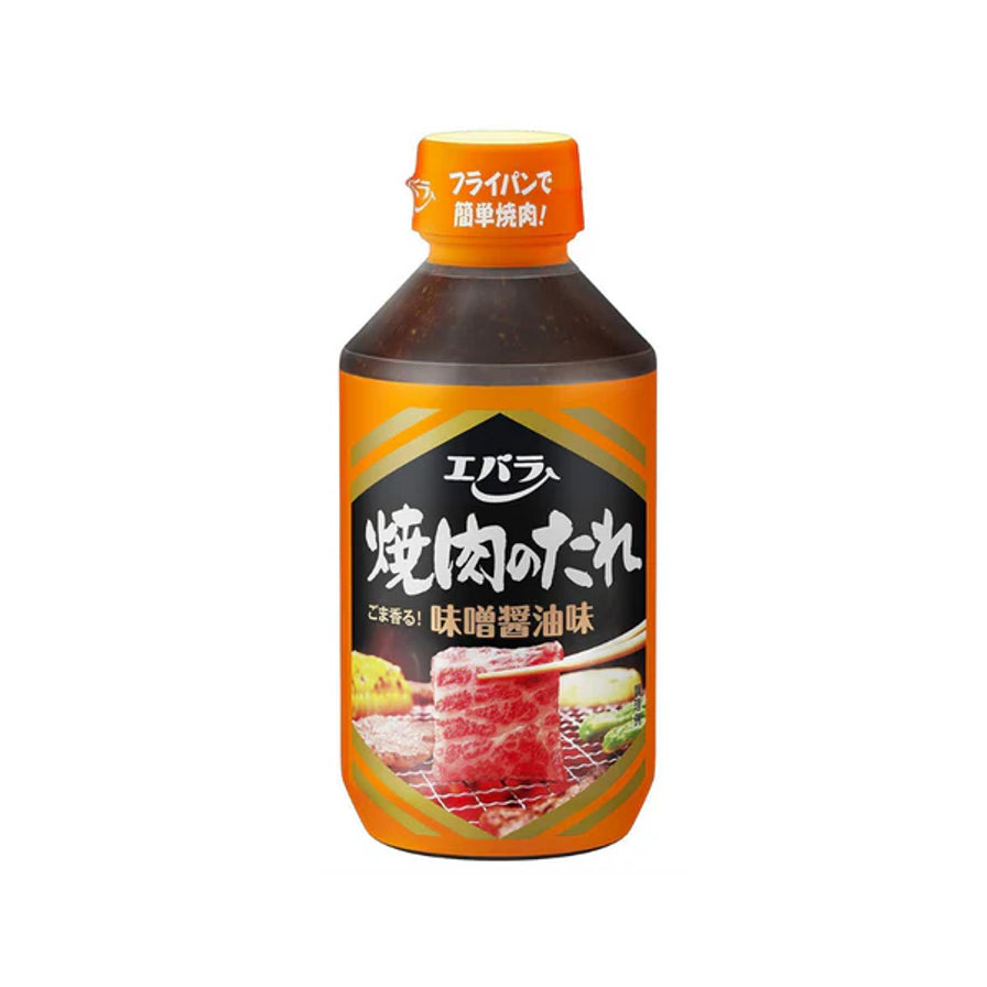 Ebara日本烧烤酱味增酱油味瓶装正面图，橙色包装，带有芝麻香气标识。