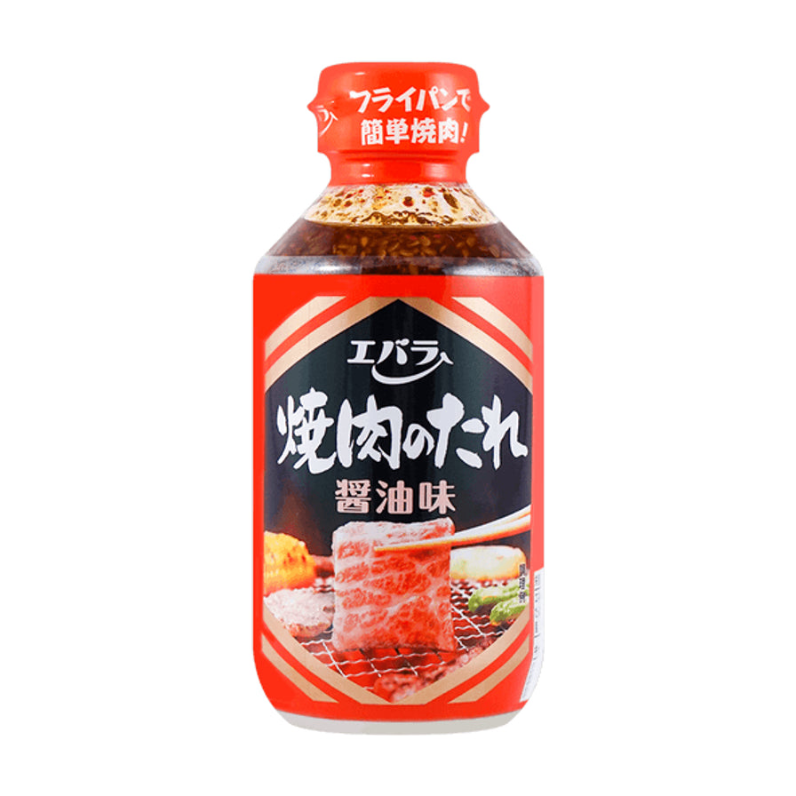 Ebara日本烧烤酱酱油味瓶装正面图，红色包装，展示了烤肉场景。