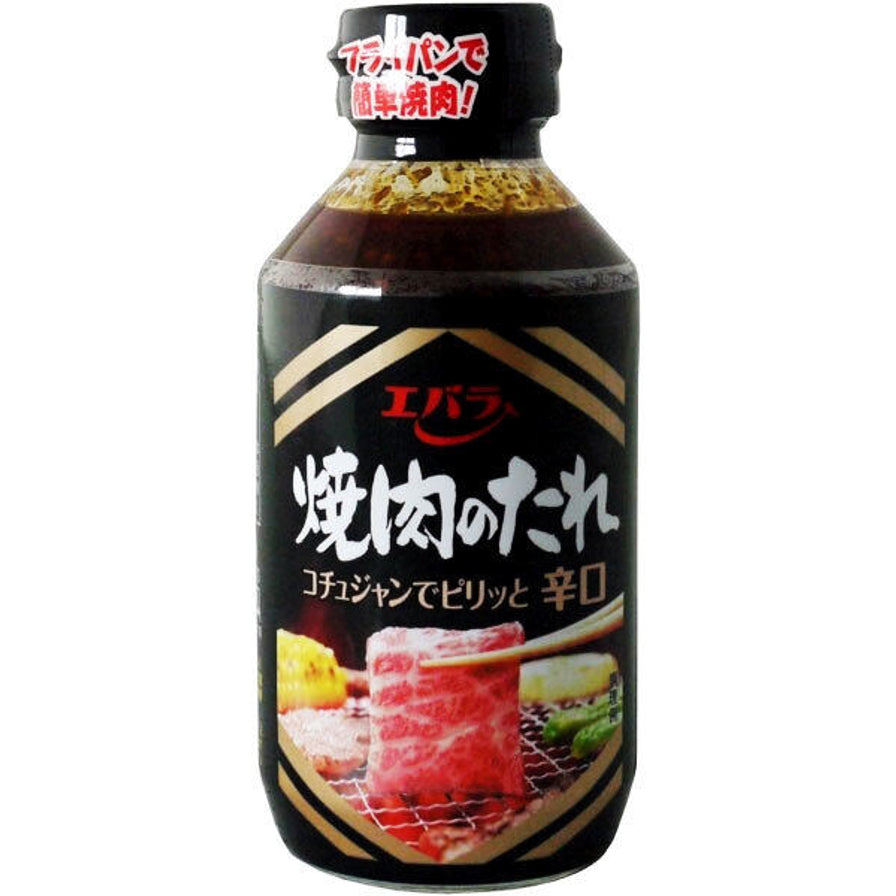 Ebara日本烧烤酱辛口辣味瓶装正面图，黑色包装，标签注明含韩式辣酱风味。
