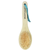 EcoTools 长柄木质沐浴刷正面特写，展示天然鬃毛刷头与蓝色挂绳细节。