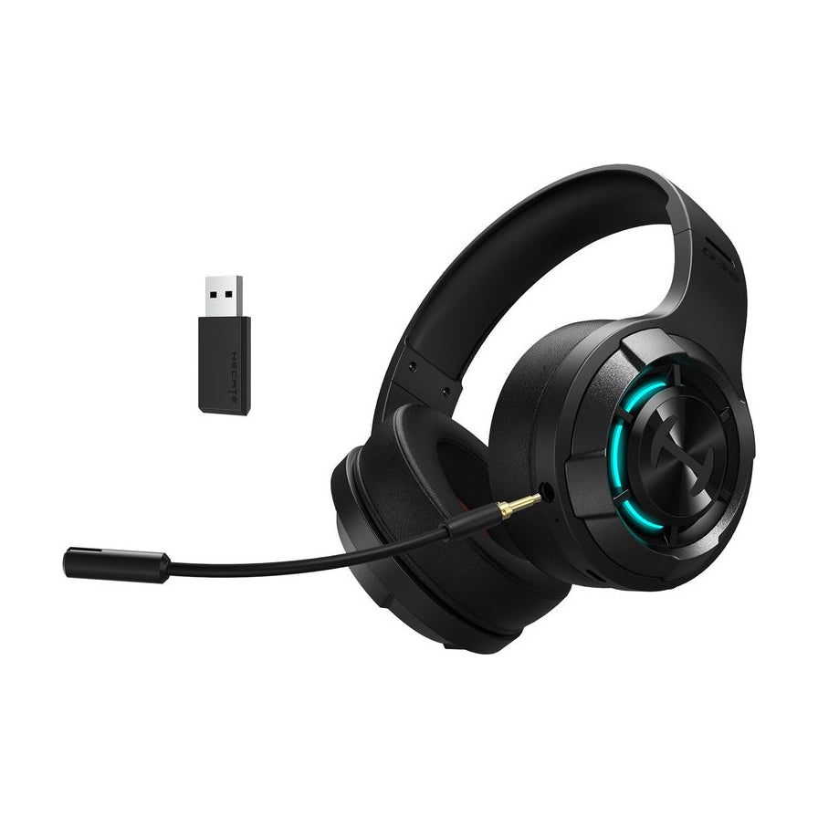 漫步者 HECATE G30 电竞耳机，黑色机身配有青蓝色 RGB 灯效，展示可插拔麦克风及 USB 无线接收器。