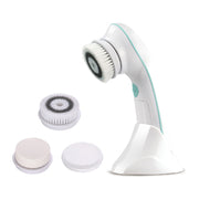 触感之美电动脸部清洁仪主机、底座及三种不同质地的替换刷头配件展示图。