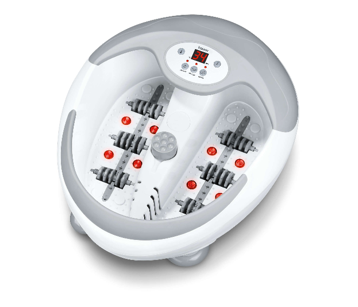 灰白色电动按摩泡脚桶俯视图，展示内部滚轮、红色按摩点和数字显示屏。
