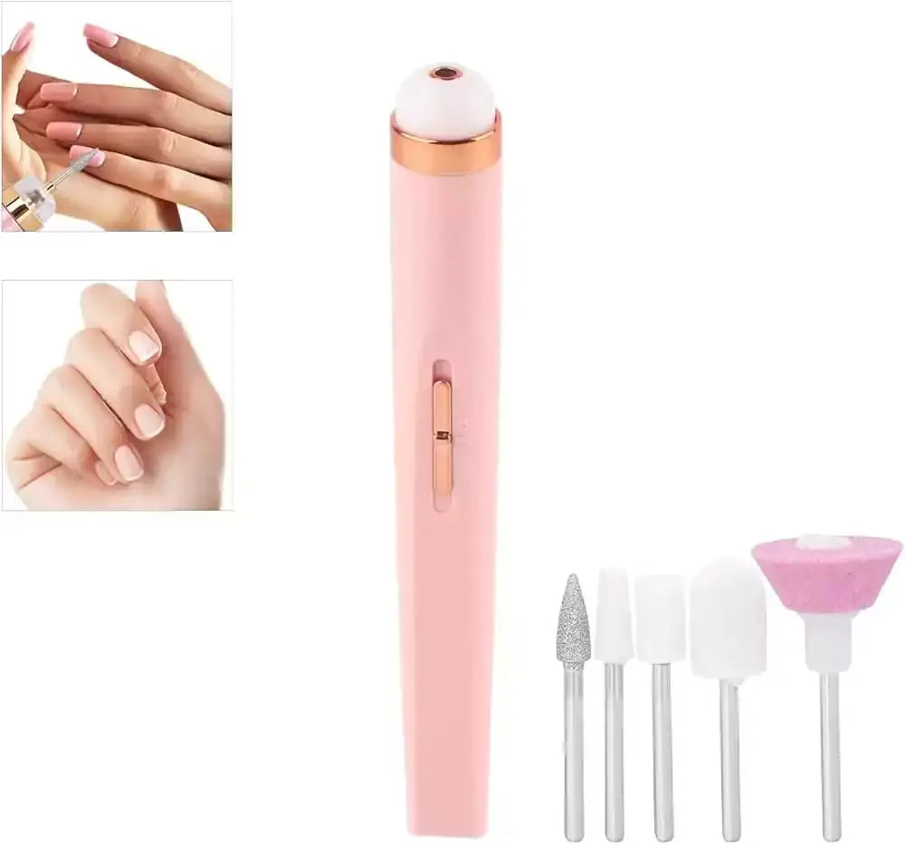 粉色五合一电动磨甲器主机与五种不同功能的打磨头配件展示，包含指甲修整效果细节图。