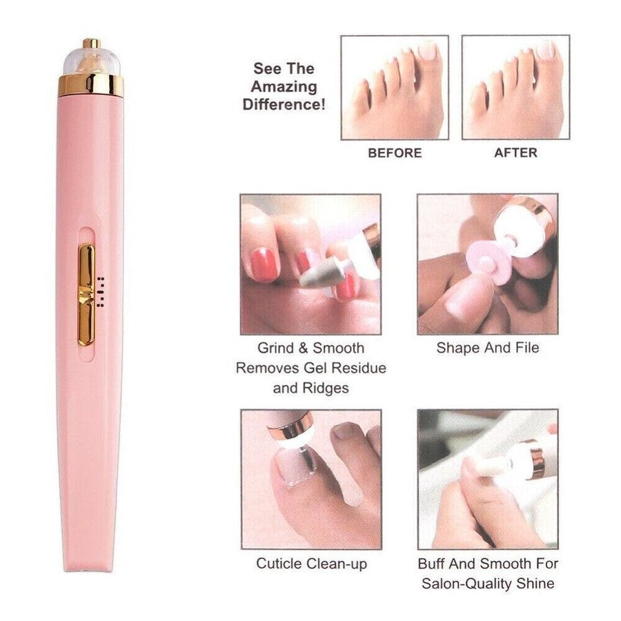 电动磨甲器功能演示图，展示打磨、修型、去死皮及抛光等使用场景和前后对比效果。