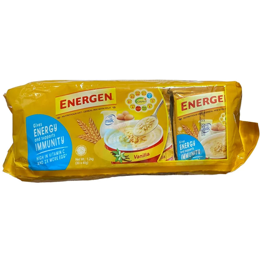 Energen 香草味麦片饮品黄色大包装，侧面展示了内部独立小包装，包装上印有香草花朵、麦片粥和营养成分说明。