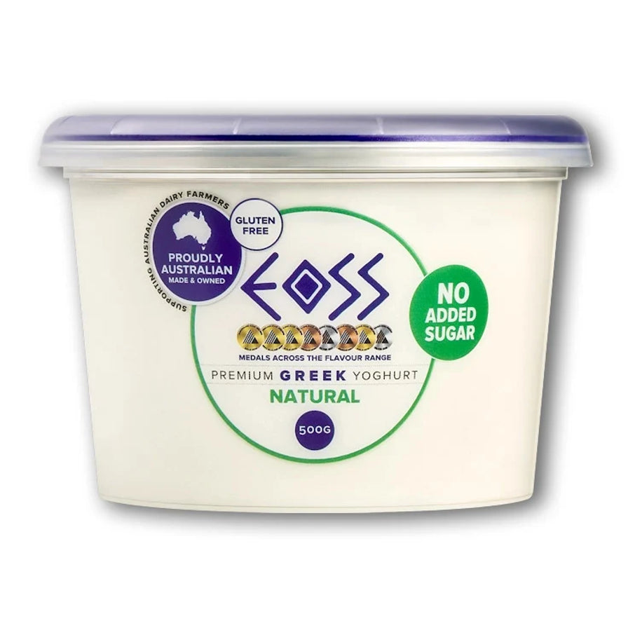 EOSS 无添加糖原味希腊酸奶 500g 盒装正面图，白色包装带有绿色 NO ADDED SUGAR 标识。