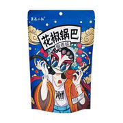 二阳花椒锅巴椒香味包装袋正面图，蓝色背景印有戴墨镜的京剧风格卡通人物插画及品牌 Logo。