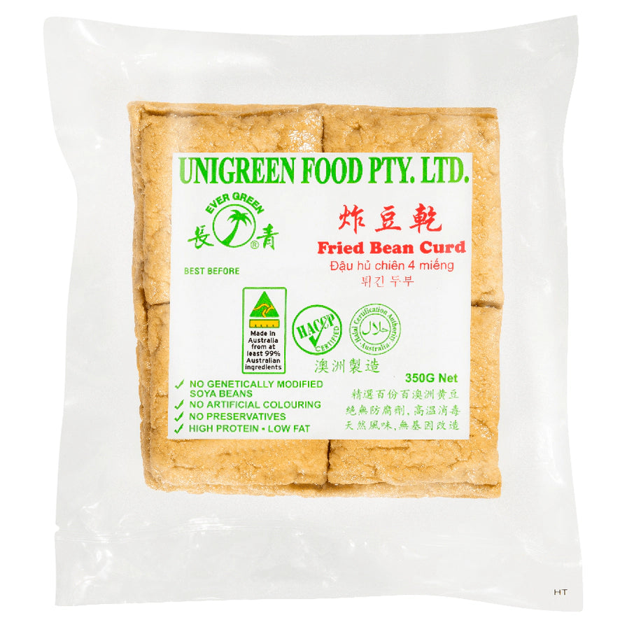 长青炸豆干350g包装正面图，透明包装内含四块金黄色炸豆干，标签清晰显示炸豆干、Fried Bean Curd及350g规格。