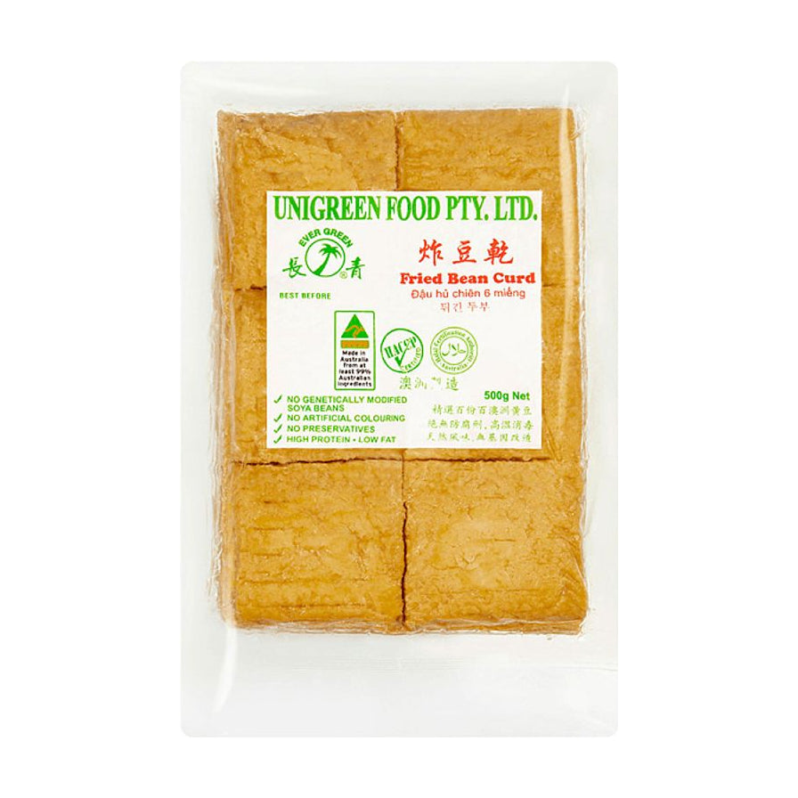 长青炸豆干500g包装正面图，透明包装内含六块金黄色炸豆干，标签上印有长青品牌标志及澳洲制造说明。