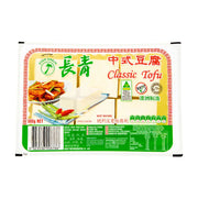 长青中式豆腐500g包装正面图，显示品牌Logo、中英文产品名称Classic Tofu、澳洲制造标识及烹饪建议图示。