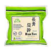 长青豆干650g包装正面图，绿色封口条透明包装袋，可见内部紧实的豆干，包装上印有长青品牌标志、豆干中文字样、Hard Tofu英文及澳洲制造标识。