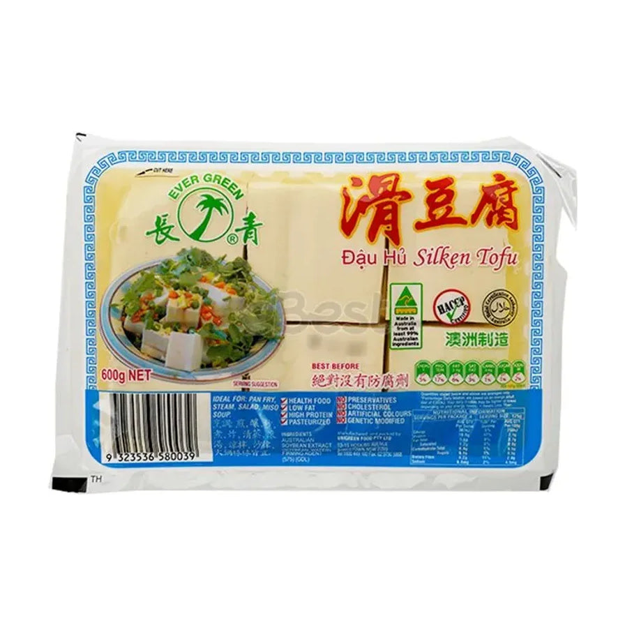 长青滑豆腐600g包装正面图，白色背景，包装上印有品牌Logo、滑豆腐字样、澳洲制造标识及凉拌豆腐建议食谱图。