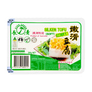长青牌嫩滑豆腐300g包装正面图，显示澳洲制造标识、产品营养成分表、条形码以及凉拌豆腐的建议食用图示。