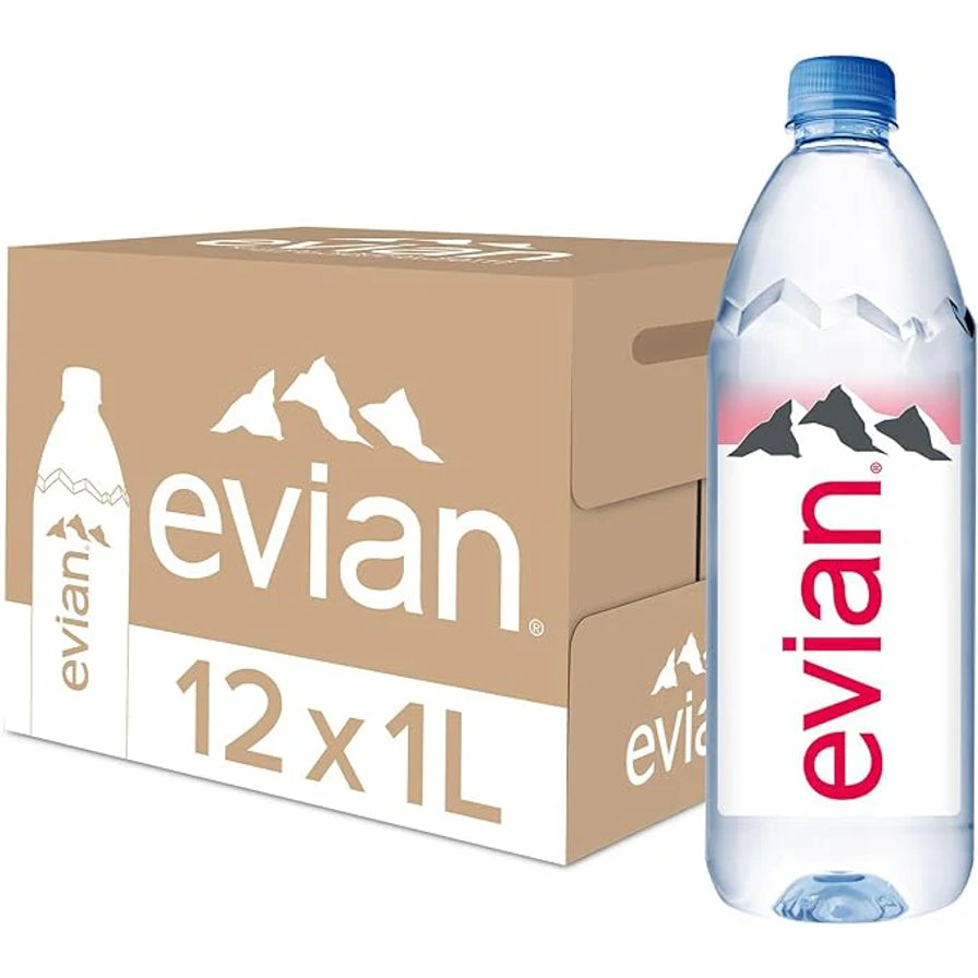 evian 依云天然矿泉水 1L 瓶装与 12 瓶整箱包装展示