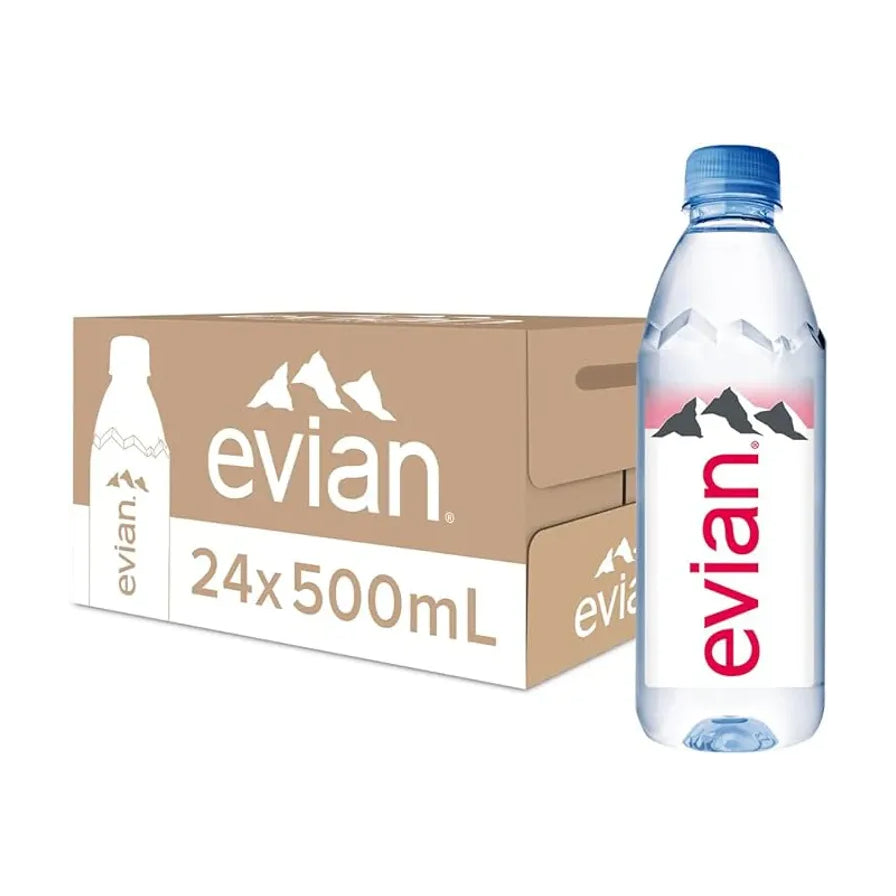 evian 依云天然矿泉水 500ml 瓶装与 24 瓶整箱包装展示