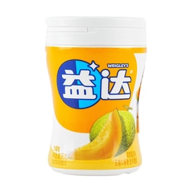 益达无糖口香糖蜜瓜味瓶装，浅绿色标签与黄色口香糖展示