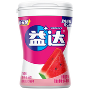 益达无糖口香糖西瓜味瓶装，透明瓶身展示粉色口香糖颗粒