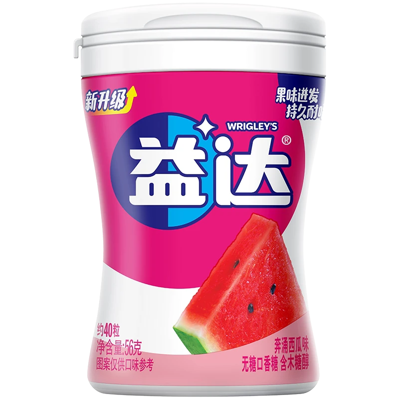 益达无糖口香糖西瓜味瓶装，透明瓶身展示粉色口香糖颗粒