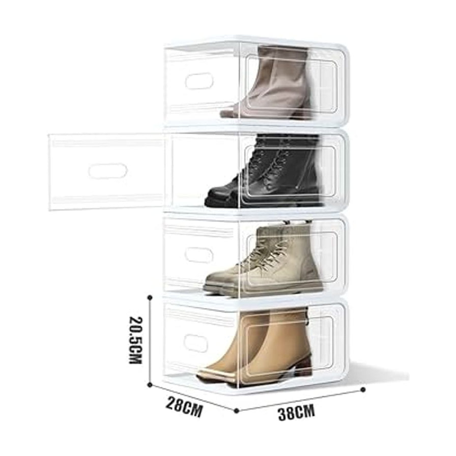 四个象牙白特大号透明鞋盒垂直叠放，展示内部收纳的靴子和运动鞋，图片标注了长宽高尺寸。