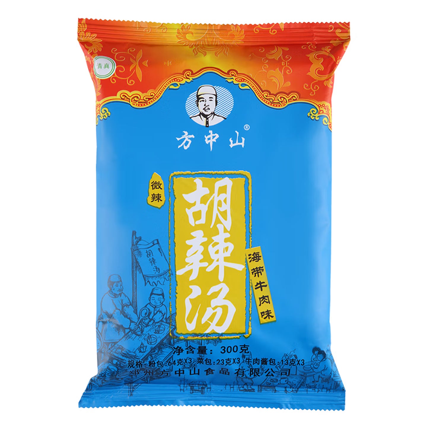 方中山辣汤海带牛肉味包装，清晰展示海带与牛肉配料，口感清爽有嚼劲。