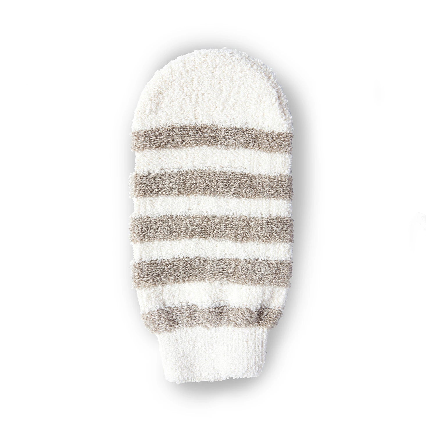 芳草地亚麻搓澡手套正面特写，灰白条纹设计，展示天然纤维质感与手型结构。