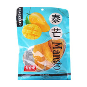 芳客佬泰芒芒果干100g包装正面图，蓝色包装袋上印有芒果图案和泰芒字样，透明窗口可见内部厚实果肉。