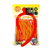 翻天娃豆筋卷香辣味包装正面图，展示透明包装内的条状豆筋，包装上有翻天娃品牌Logo、Dou Jin & Juan 拼音及非油炸、软韧筋道等文字说明。