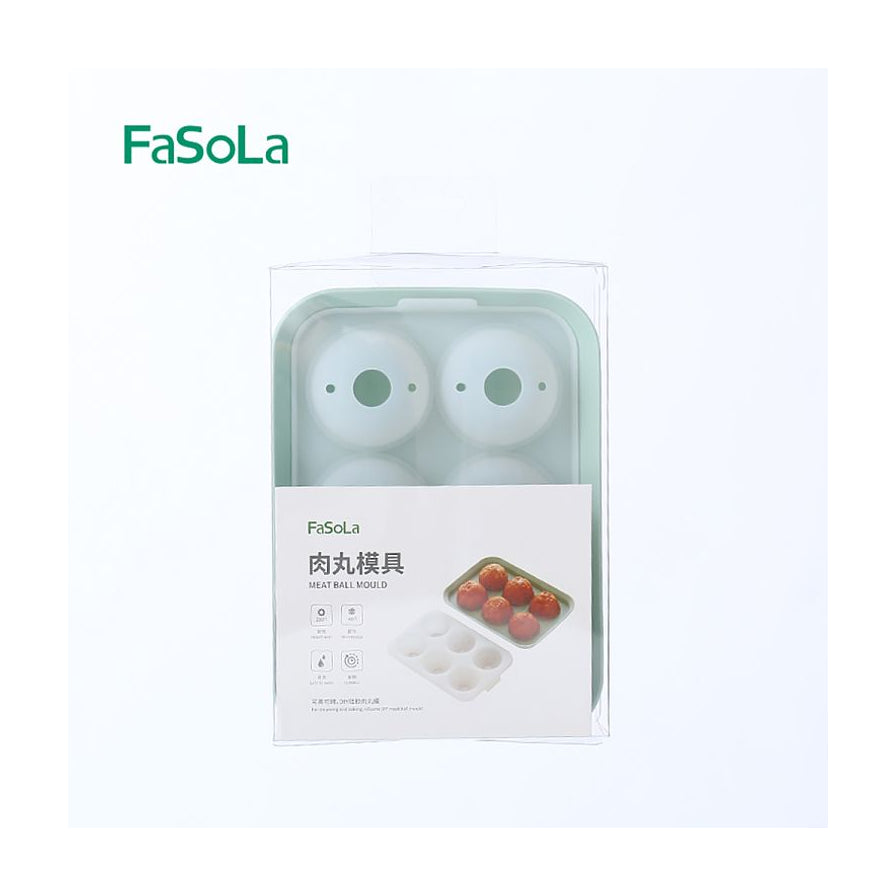 FaSoLa肉丸模具标准款包装展示，浅绿色底座配透明盖，包装上印有肉丸制作示例。