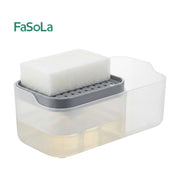 FaSoLa 日式皂液置物盒白底产品图，展示透明储液瓶身、灰色沥水海绵架及白色清洁海绵。