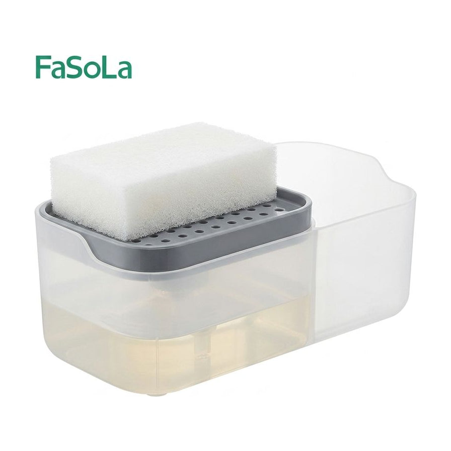 FaSoLa 日式皂液置物盒白底产品图，展示透明储液瓶身、灰色沥水海绵架及白色清洁海绵。