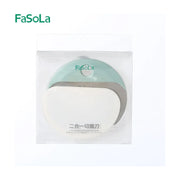 FaSoLa 不锈钢二合一切面刀标准款，透明包装展示，包含防滑硅胶手柄和不锈钢刃口，适用于刀削面和面团分割。