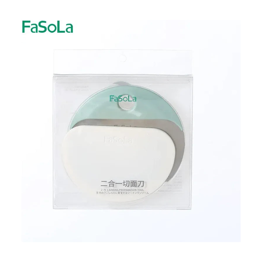 FaSoLa 不锈钢二合一切面刀标准款，透明包装展示，包含防滑硅胶手柄和不锈钢刃口，适用于刀削面和面团分割。