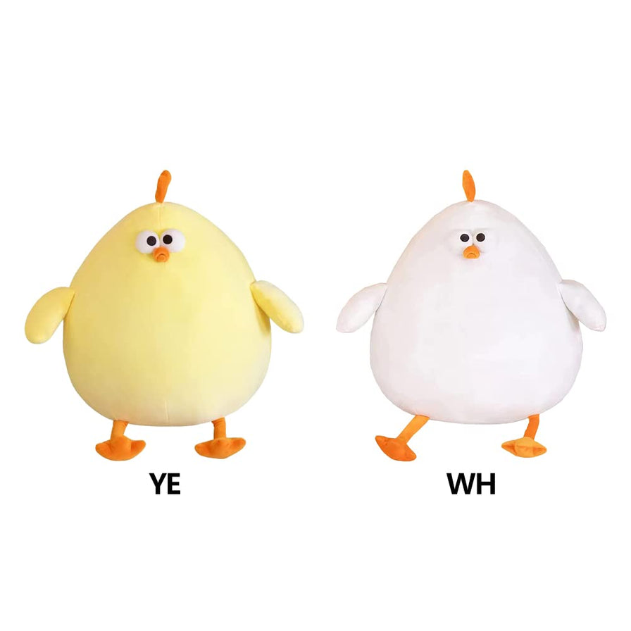 黄色与白色两款胖墩墩小鸡仔玩偶对比图，下方分别标注有YE和WH字样。