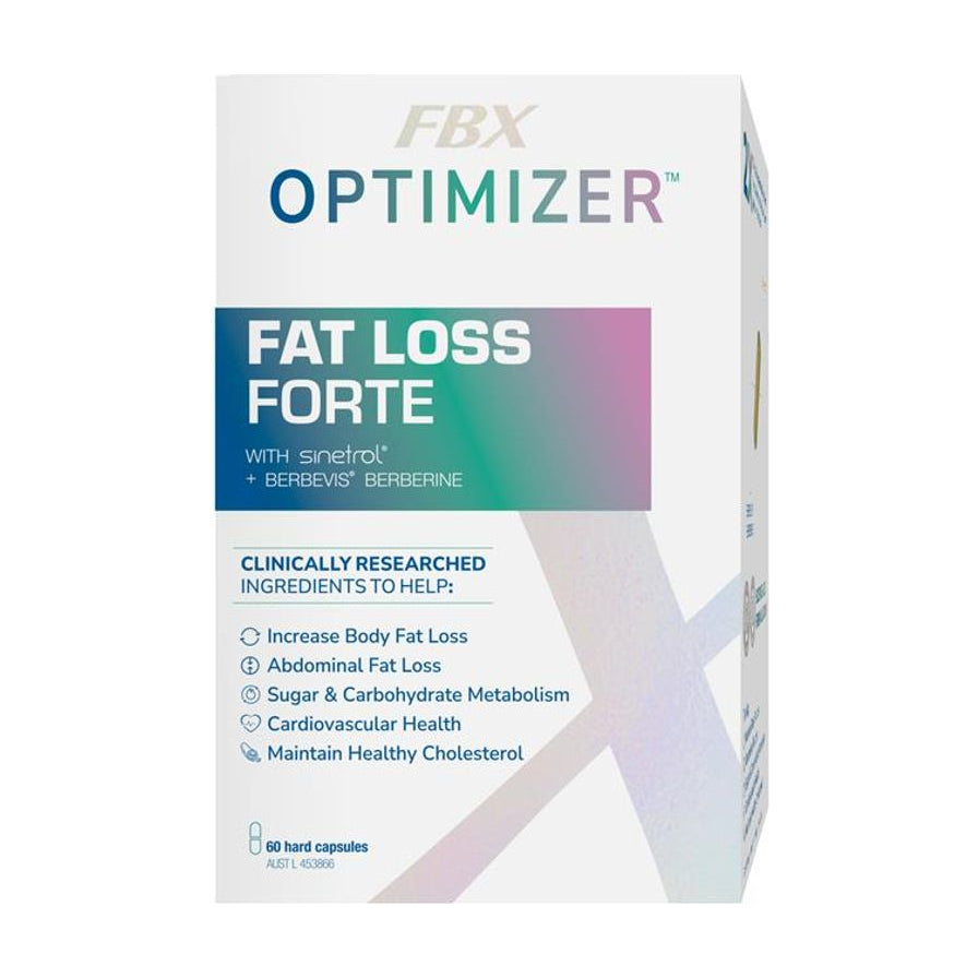 FBX Optimizer Fat Loss Forte 膳食补充剂包装盒正面，标注含有 Sinetrol 和 Berbevis 成分，支持减脂及糖碳代谢。