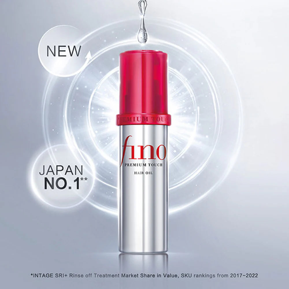 Fino 护发精油产品特写，背景带有 NEW 和 JAPAN NO.1 宣传气泡及水滴特效。